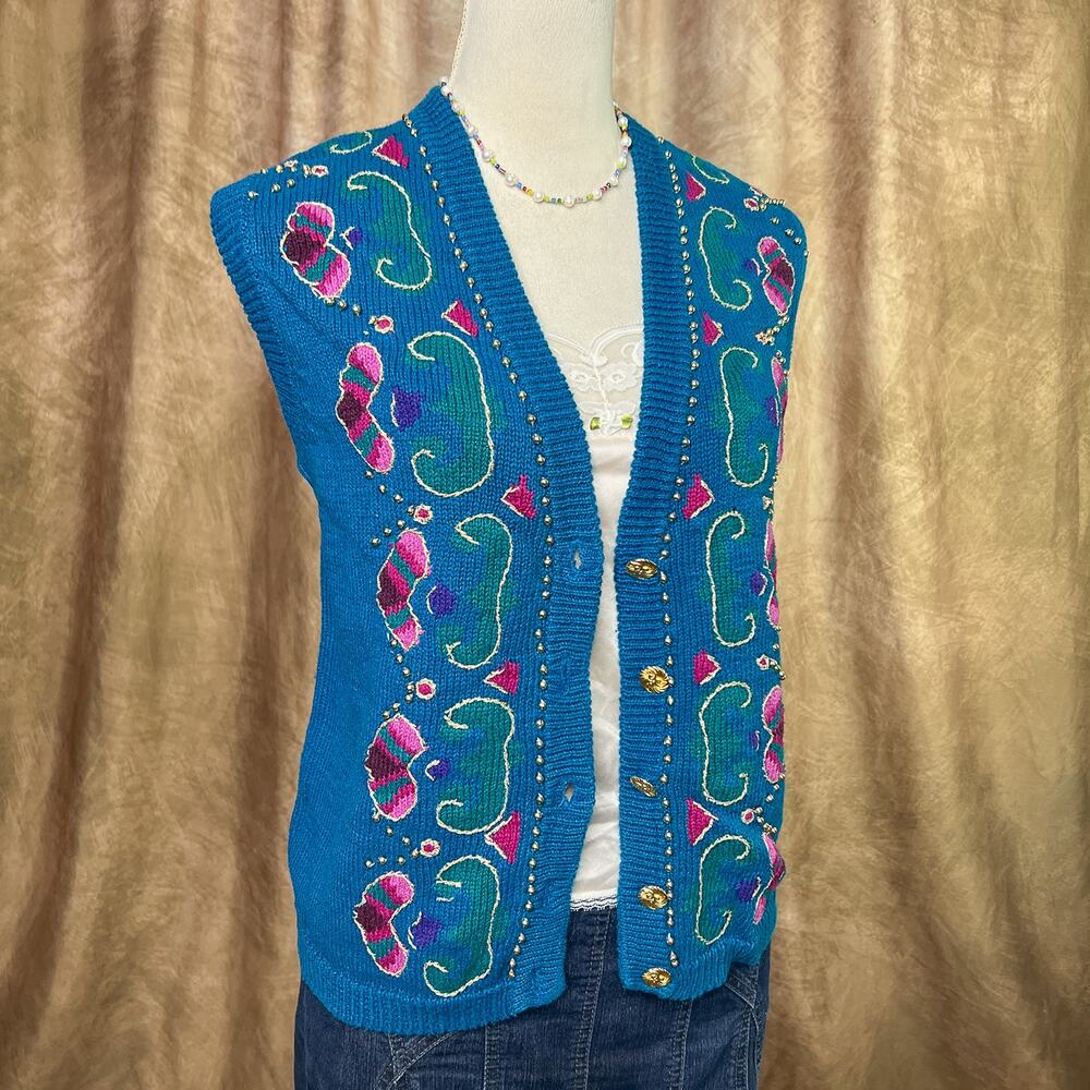 Vintage Sweater Vest 80s Geometric Metallic Embroidered Knit Sleeveless Retro